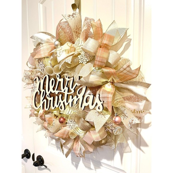 Christmas Snowflake Holiday Ribbon Door Wreath Handmade 22 ins LED W12 Gold Pink - Picture 3 of 12